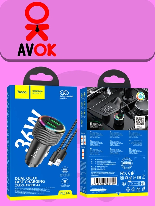 NZ14 Guerrero avtomobil quvvatlagichi, 36 Vt, 2×USB-A, kabel to‘plami, qora