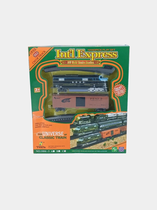 Int’l Express o‘yinchoq poyezd rels bilan, yorug‘lik, 3+