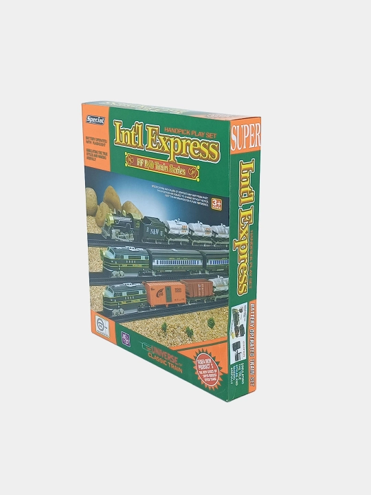 Int’l Express o‘yinchoq poyezd rels bilan, yorug‘lik, 3+