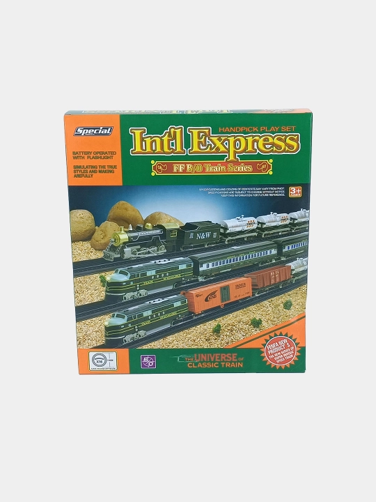 Int’l Express o‘yinchoq poyezd rels bilan, yorug‘lik, 3+