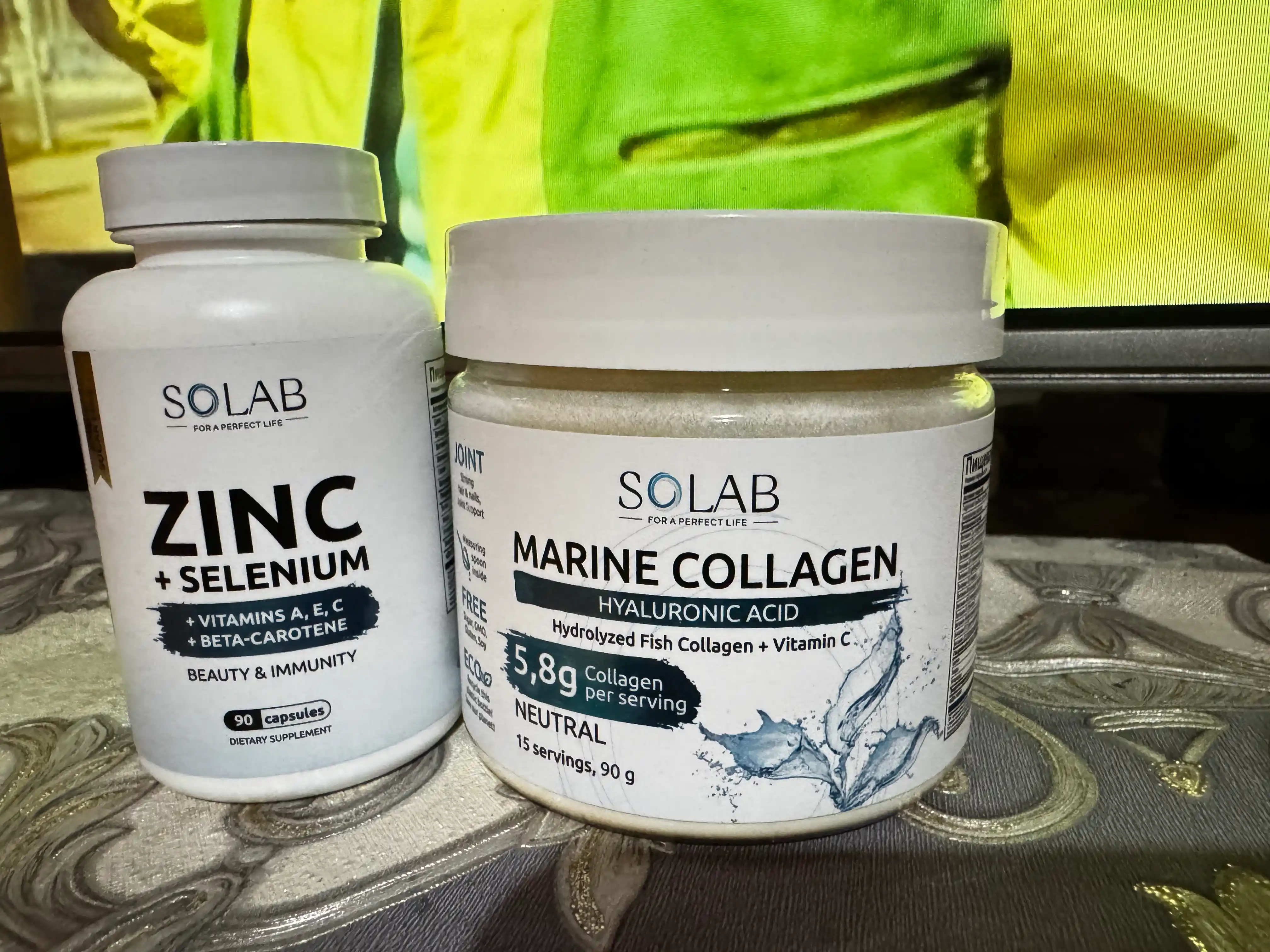 Dengiz kollageni, SOLAB, Gialuron kislotasi + C vitamini, Neytral ta'mi, 90g, 15 porsiya