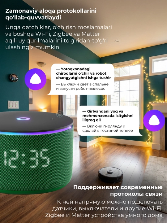 Mikrofonli Yandeks Stansiya Mini 3 va Mini 3 Pro aqlli kolonkasi, soatli Alisa kolonkasi