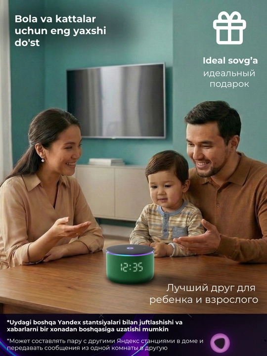 Mikrofonli Yandeks Stansiya Mini 3 va Mini 3 Pro aqlli kolonkasi, soatli Alisa kolonkasi