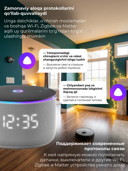 Mikrofonli Yandeks Stansiya Mini 3 va Mini 3 Pro aqlli kolonkasi, soatli Alisa kolonkasi