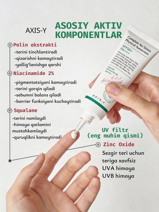 Quyoshdan himoya qiluvchi yengil mineral krem AXIS-Y Physical Sunscreen SPF50+ PA++++,50ml