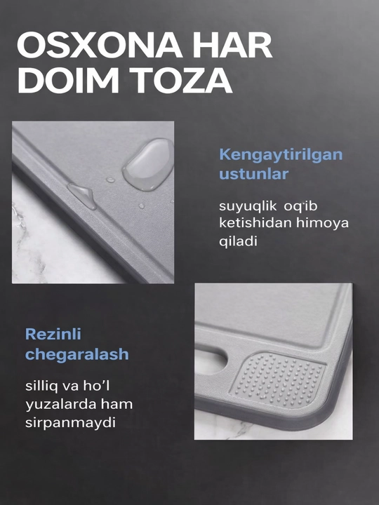 4 ta 1 da kesish taxtasi: muz eritish, qirg‘ich va pichoq charxlagich, 21×31 sm