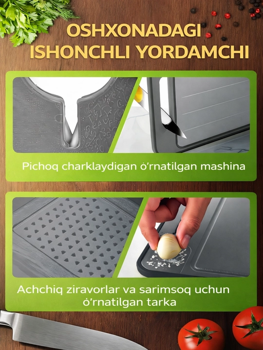 4 ta 1 da kesish taxtasi: muz eritish, qirg‘ich va pichoq charxlagich, 21×31 sm