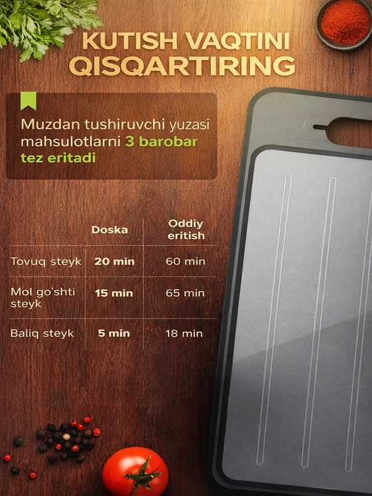 4 ta 1 da kesish taxtasi: muz eritish, qirg‘ich va pichoq charxlagich, 21×31 sm