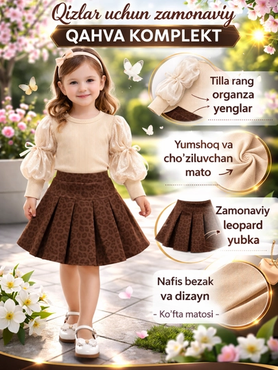 Qizlar uchun qora kofta va charm yubka komplekt organza yengli zamonaviy va nafis dizayn - 