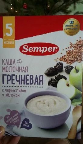 Grechka sutli bo'tqasi Semper, o'rik va olma, shakarsiz quruq, 5 oydan boshlab, 180 gr