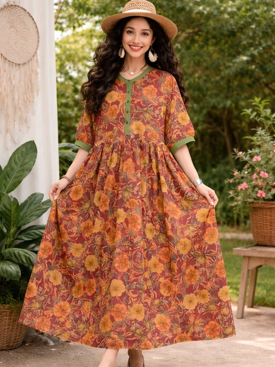 Ayollar ko‘ylagi uzun maksi 100% paxta yozgi keng oversize boho print yengil koylak 48-54 - 