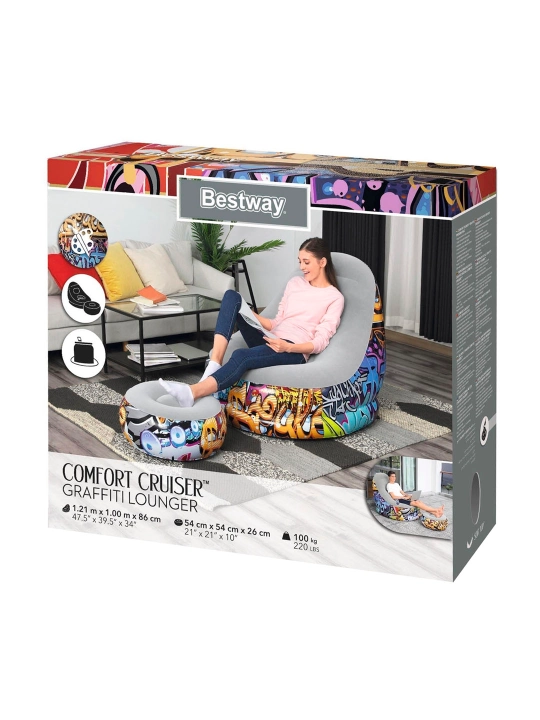 Bestway 75076 Надувное кресло 100х121х86см "Comfort Cruiser Graffiti" с пуфиком 54х54х26см