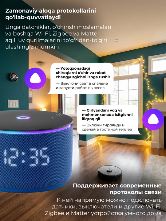 Mikrofonli Yandeks Stansiya Mini 3 va Mini 3 Pro aqlli kolonkasi, soatli Alisa kolonkasi