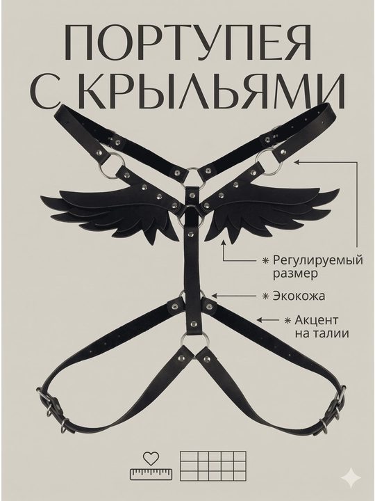 Портупея женская, с крыльями, из эко кожи, пояс для чулок (гартер) - 