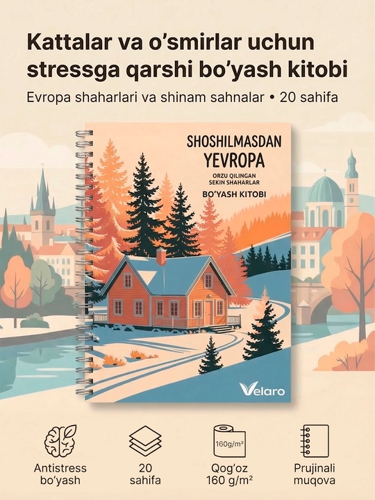 Antistress rang berish kitobi A4 20 sahifa — Yevropa shaharlar, kattalar uchun