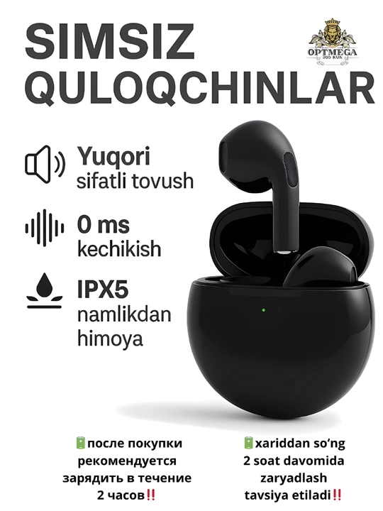 Simsiz quloqchinlar Pro 2, Pro 6, sensorli, iPhone va Android uchun - 
