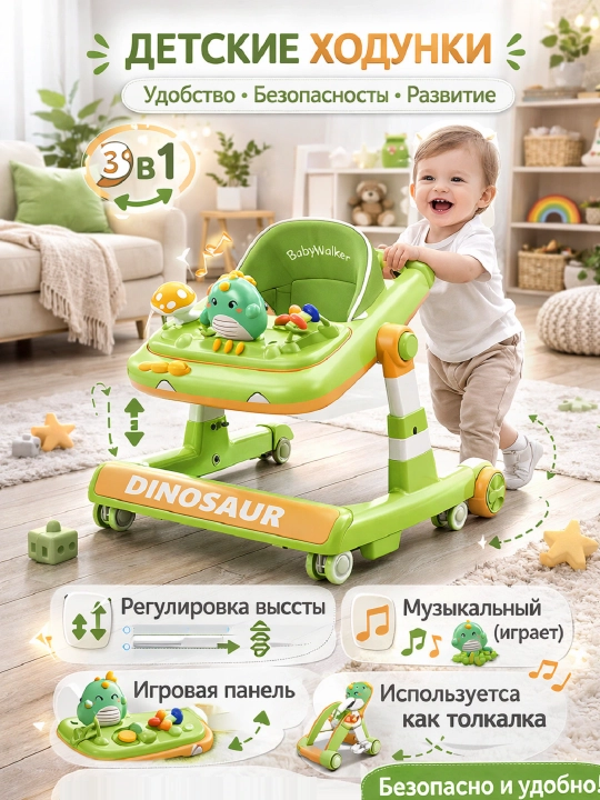 Детские ходунки 3 в 1 с регулировкой высоты, музыкальной и игровой панелью, толкалка - 