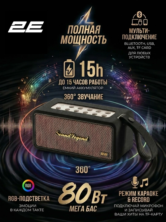 Portativ 2E SoundLegend 80Vt, BT 5.3, TWS, IPX6, RGB, Power Bank, 2 xil rangli karnay