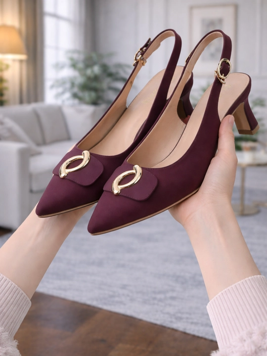Ayollar uchun elegant slingback tufli, uchli burunli, poshnali, bezakli model