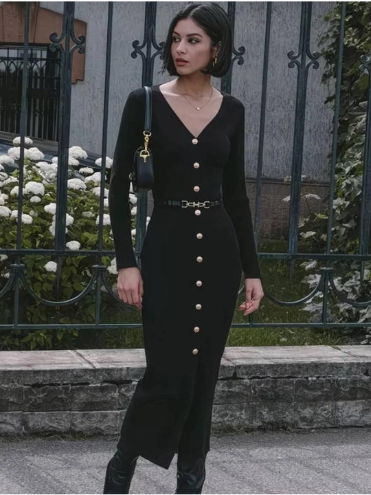 Ayollar uchun tugmali midi ko'ylak- bel kamarli, uzun yengli, slim fit - 