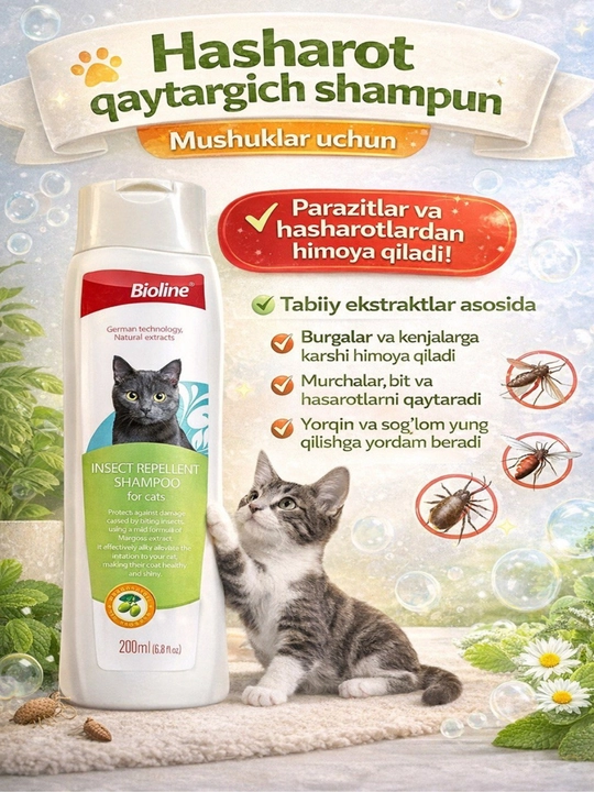 Mushuklar uchun hasharotlarga qarshi shampun, 200 ml - 