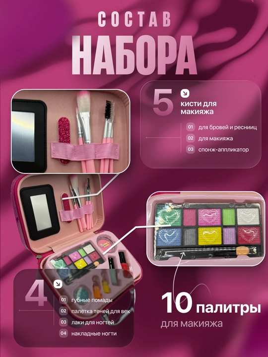 Bolalar kosmetikasi to‘plami, chamadonchada, pardoz va manikyur uchun go‘zallik g‘ilofi - 