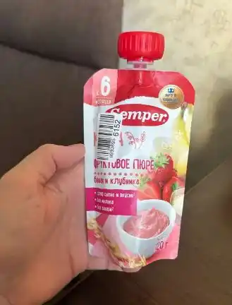Semper meva va don pyuresi, banan va qulupnay bo'tqa bilan, 6 oydan boshlab, 120 g