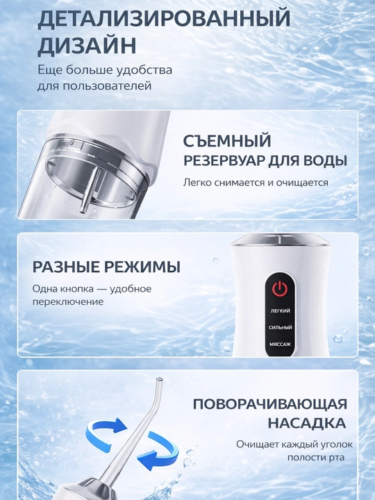 Ирригатор для полости рта портативный беспроводной, аппарат для чистки зубов и брекетов