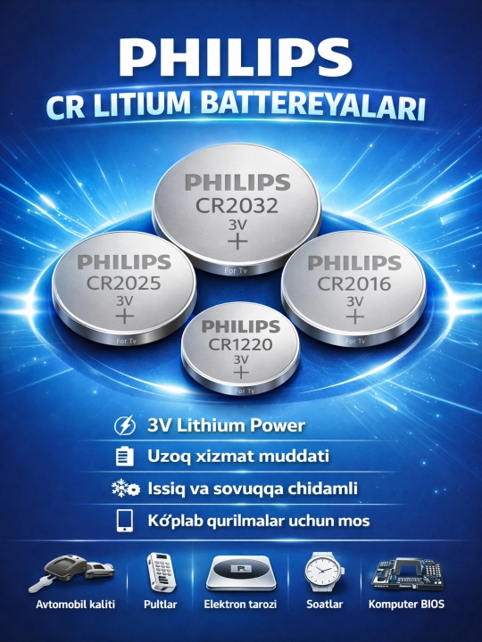 Phillips CR2032, CR2016, 2025, 1220 lityum batareya, 3V, tanga tablektka batareya - 