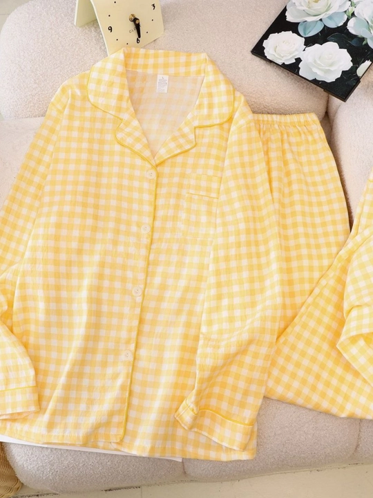 Ayollar pijamasi tungi uy kiyimi old tugmali va yoqal pijama