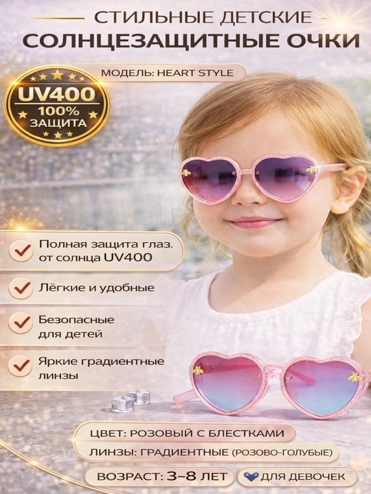 Детские солнцезащитные очки сердечко UV400 PC оправа для детей 3–12 лет - 