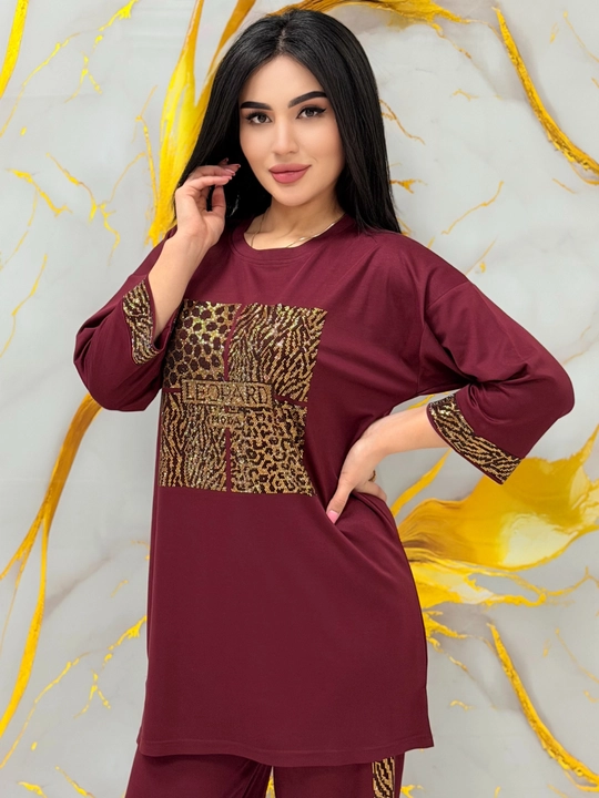 Ayollar komplekt dvoykasi Leopard, turk trikotaji, Swarovski toshli bezak, bahor-yoz uchun