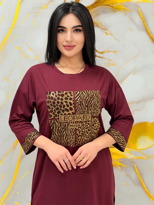 Ayollar komplekt dvoykasi Leopard, turk trikotaji, Swarovski toshli bezak, bahor-yoz uchun