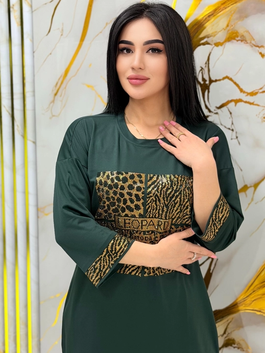 Ayollar komplekt dvoykasi Leopard, turk trikotaji, Swarovski toshli bezak, bahor-yoz uchun