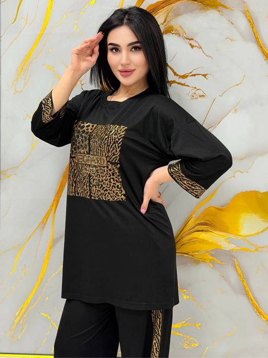Ayollar komplekt dvoykasi Leopard, turk trikotaji, Swarovski toshli bezak, bahor-yoz uchun