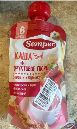 Semper meva va don pyuresi, banan va qulupnay bo'tqa bilan, 6 oydan boshlab, 120 g