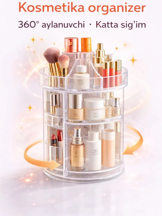 Kosmetika organizer 360° aylanuvchi, katta sig‘imli, shaffof make-up organizer
