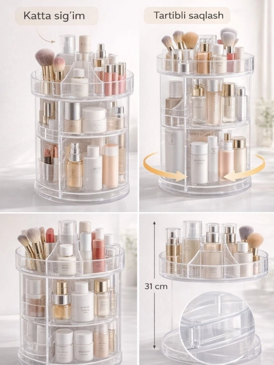 Kosmetika organizer 360° aylanuvchi, katta sig‘imli, shaffof make-up organizer