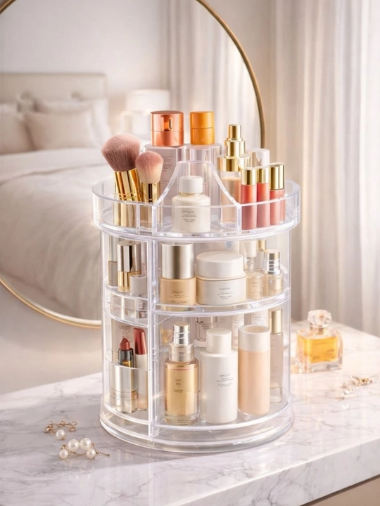 Kosmetika organizer 360° aylanuvchi, katta sig‘imli, shaffof make-up organizer