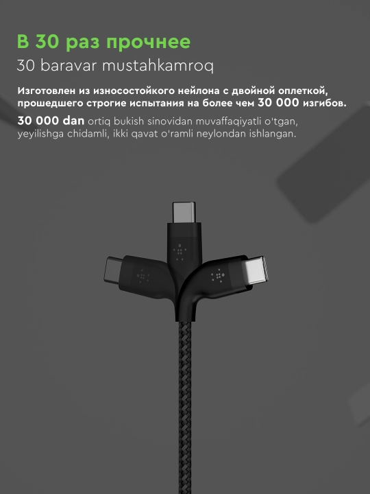 Kabel Belkin Type C to Type C BoostCharge Pro Flex, 60W, 1,2,3 m, mustahkam,tez zaryadlash