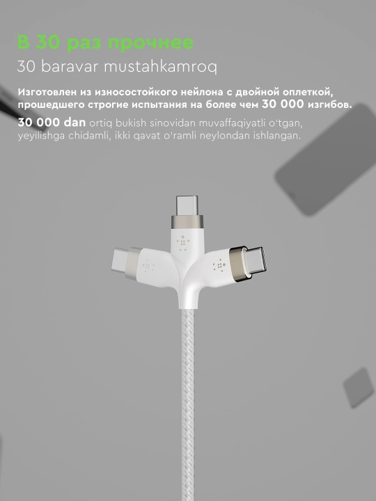 Kabel Belkin Type C to Type C BoostCharge Pro Flex, 60W, 1,2,3 m, mustahkam,tez zaryadlash