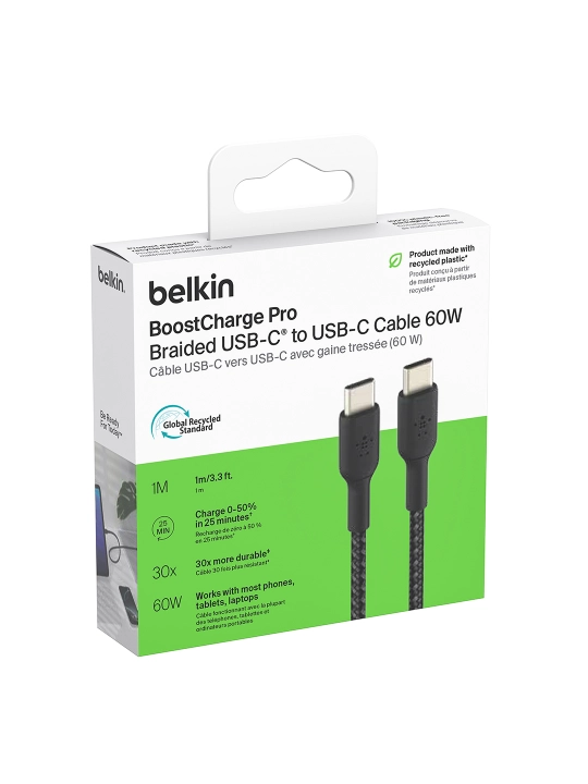 Kabel Belkin Type C to Type C, o‘ralgan, 60W, 1 m, 2 m, tezkor zaryadlash