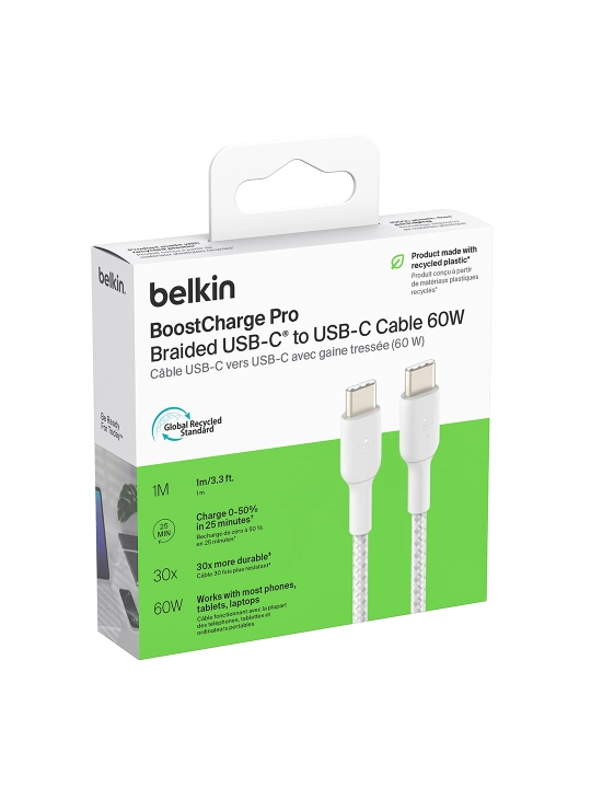 Kabel Belkin Type C to Type C, o‘ralgan, 60W, 1 m, 2 m, tezkor zaryadlash