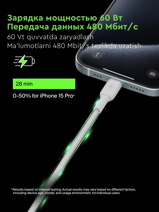 Kabel Belkin Type C to Type C, o‘ralgan, 60W, 1 m, 2 m, tezkor zaryadlash