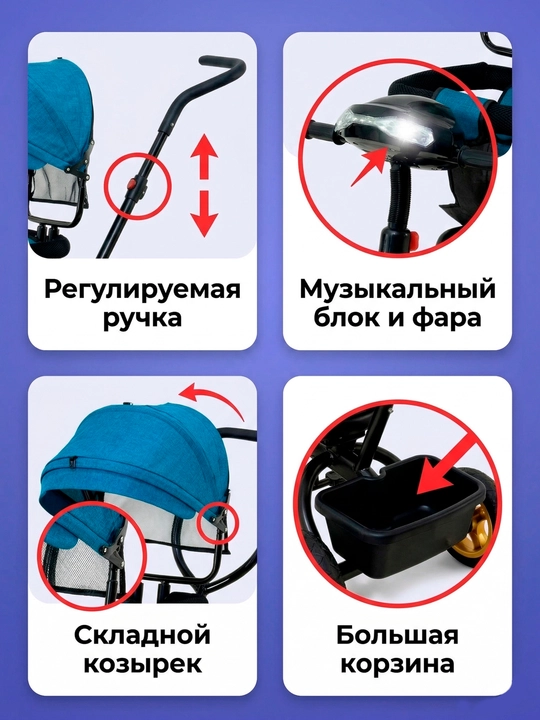 Детская велоколяска с зонтиком, багажником, корзинкой и ручкой, для родителей