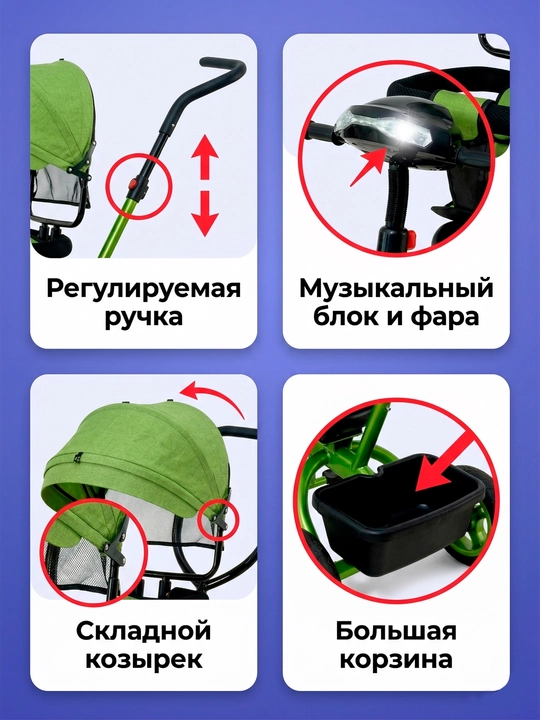 Детская велоколяска с зонтиком, багажником, корзинкой и ручкой, для родителей