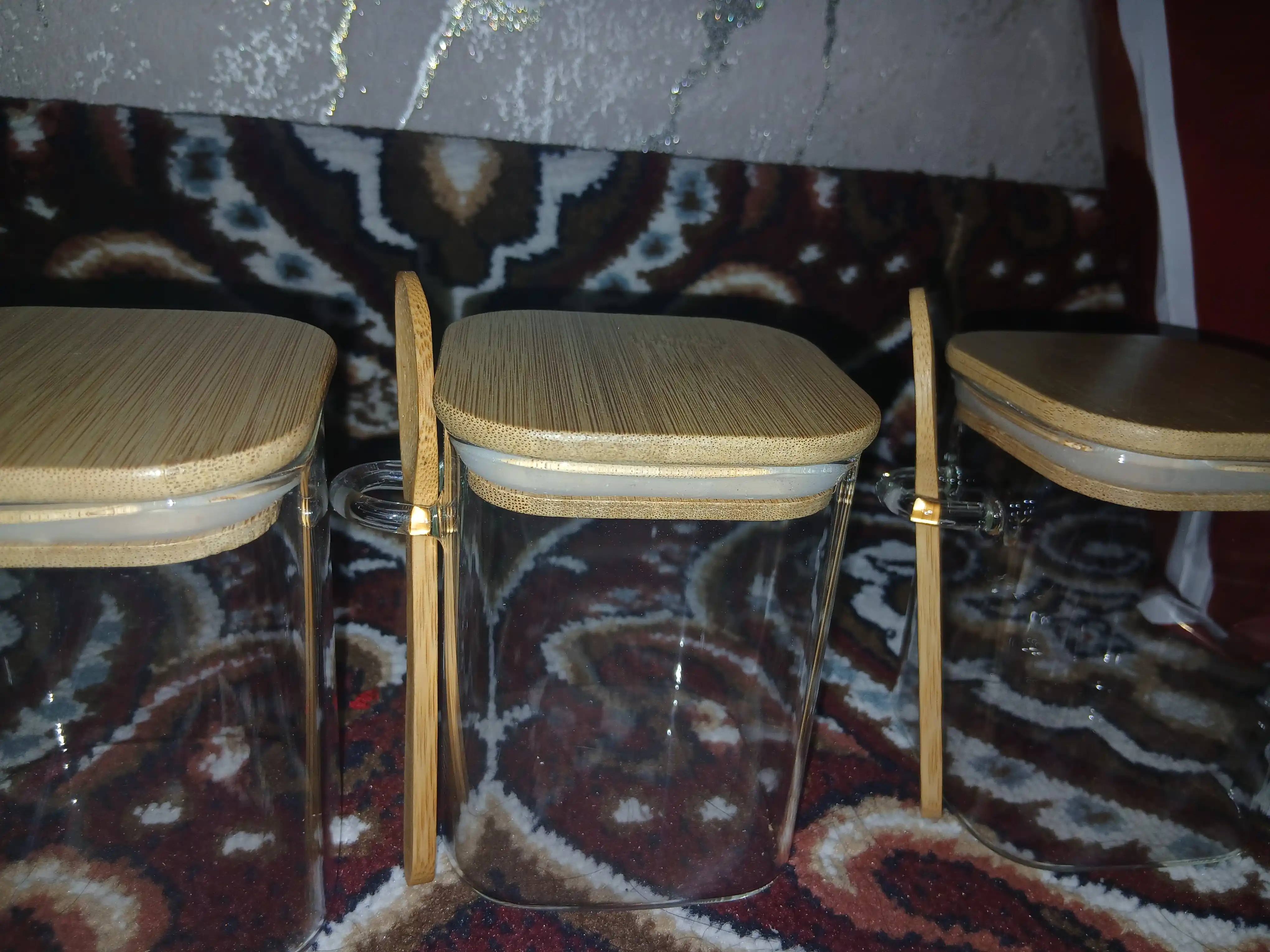 Shisha idish, quruq mahsulotlar uchun, germetik, 600–1200 ml, qoshiq bilan to‘plamda