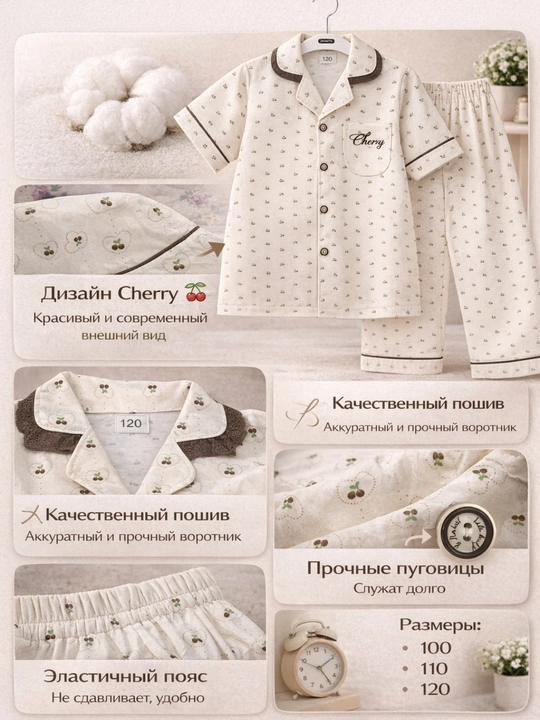Детская пижама комплект, 100% хлопок, мягкая и удобная, дизайн Cherry, 100–120