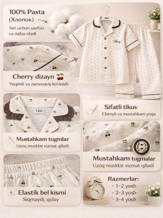 Детская пижама комплект, 100% хлопок, мягкая и удобная, дизайн Cherry, 100–120
