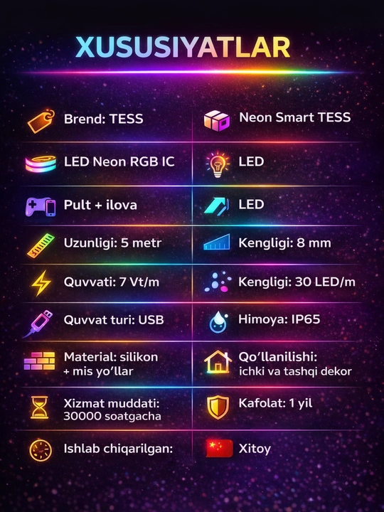 LED, lenta, TESS, Smart RGB IC Neon 5m USB, pult va ilova bilan LED подсветка